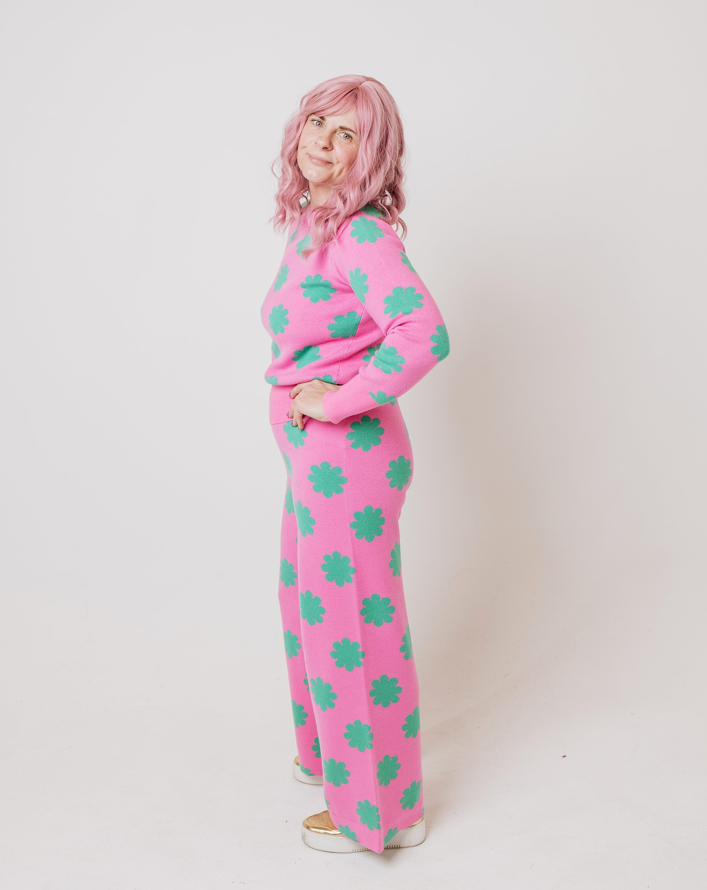Pink & Green Flower Knit Set
