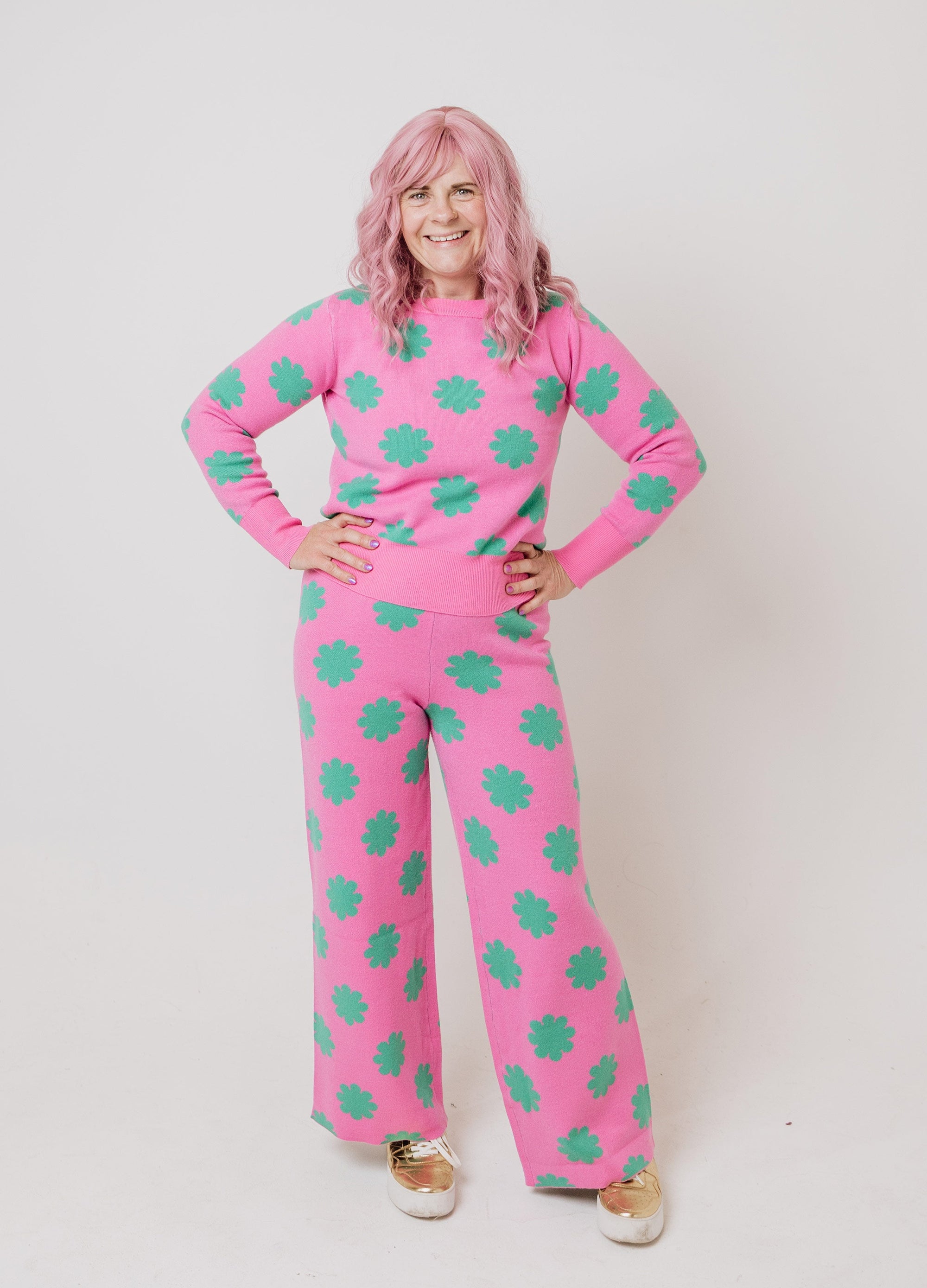 Pink & Green Flower Knit Set