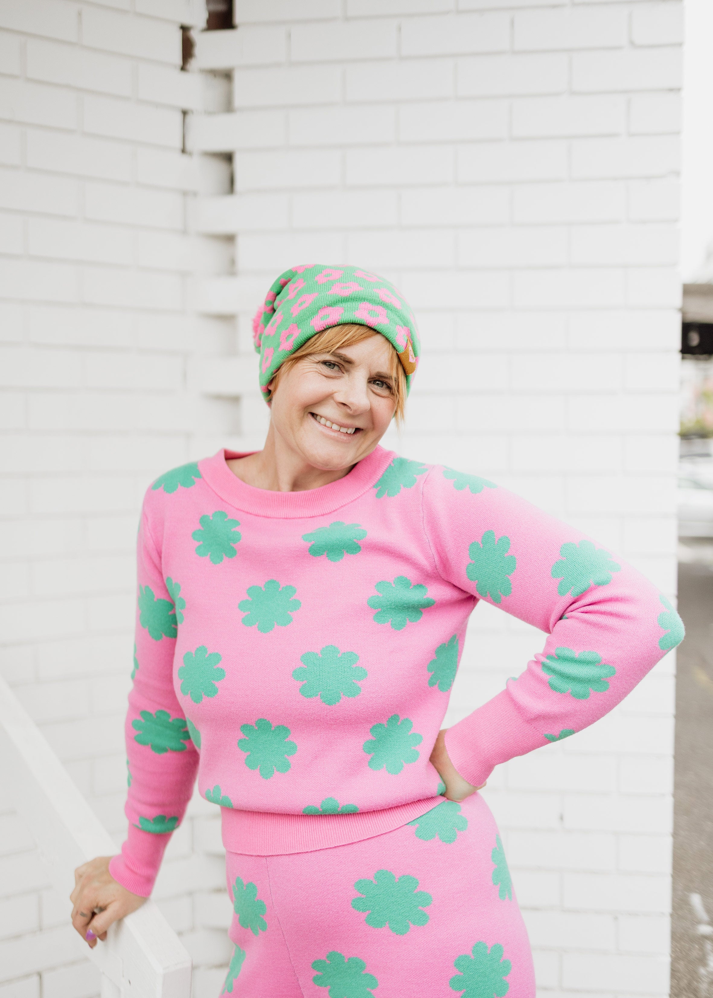 Pink & Green Flower Knit Set