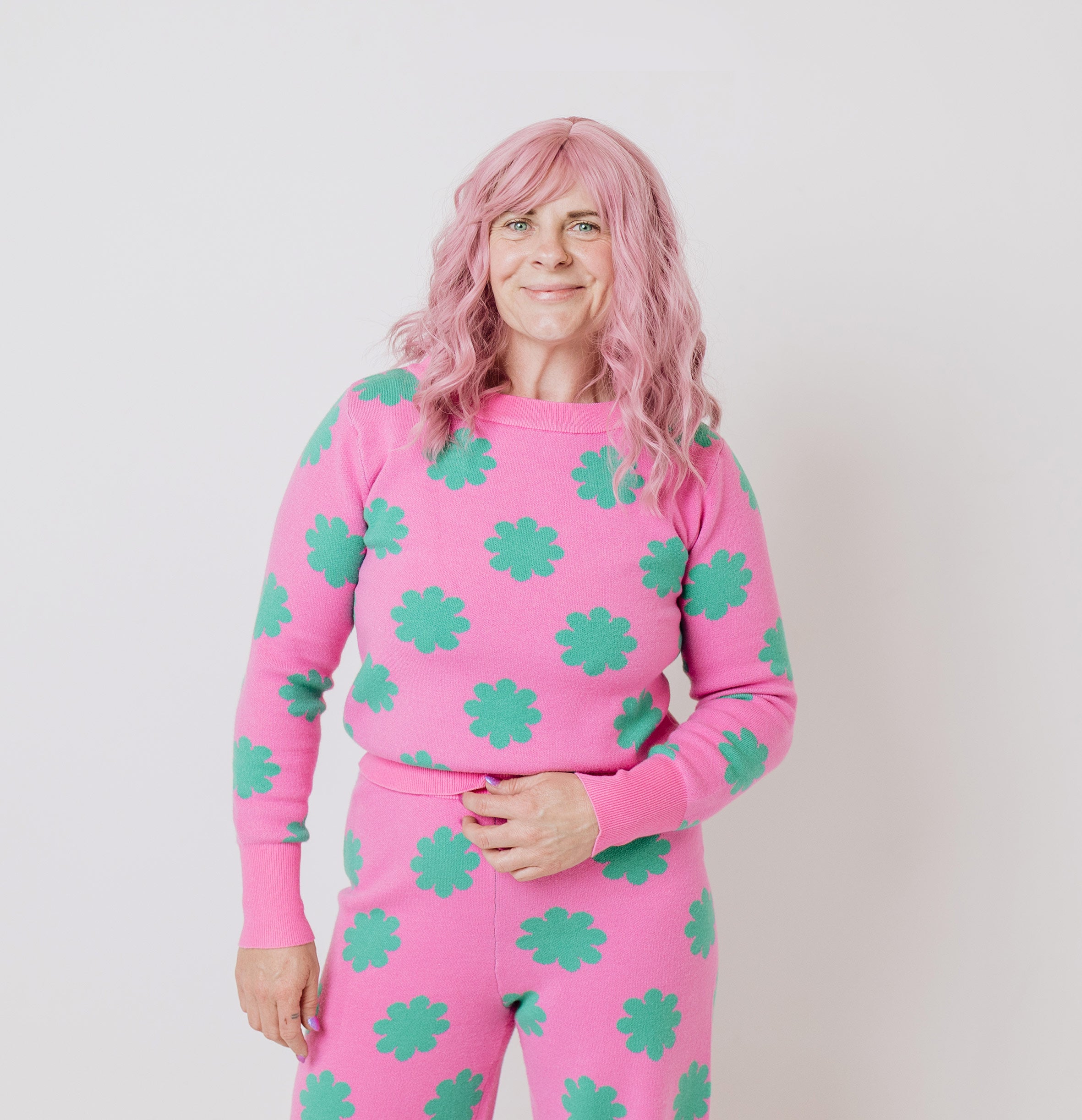 Pink & Green Flower Knit Set