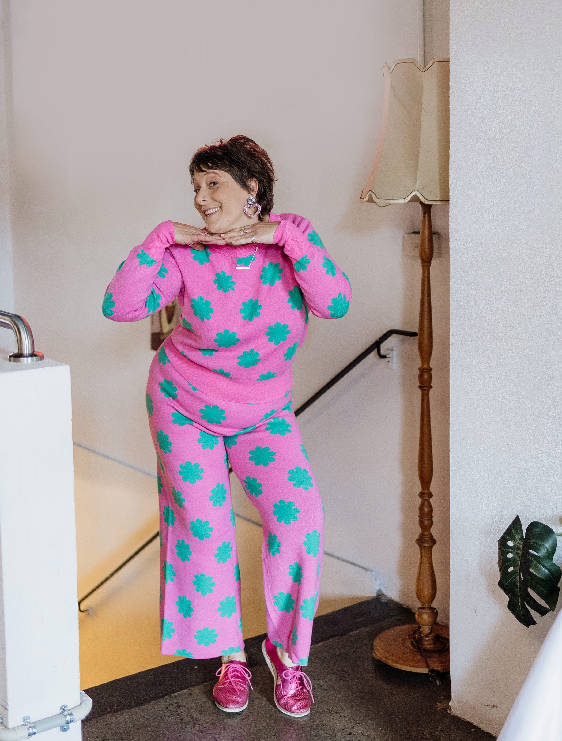 Pink & Green Flower Knit Set