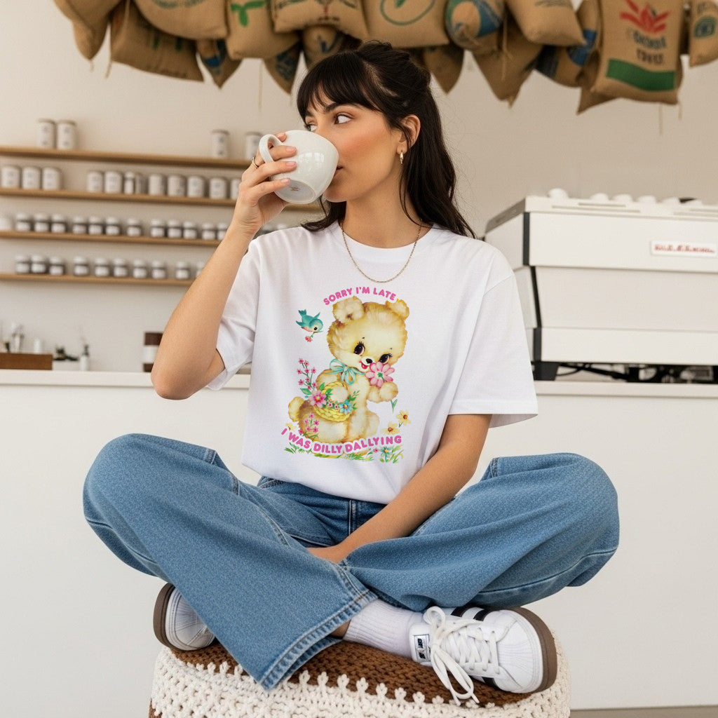 Too Busy Dilly Dallying White Womens Tee