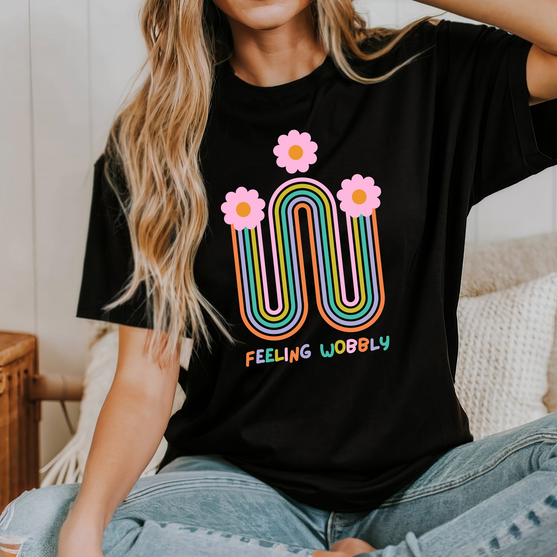 Feeling Wobbly Floral Black Womens Tee