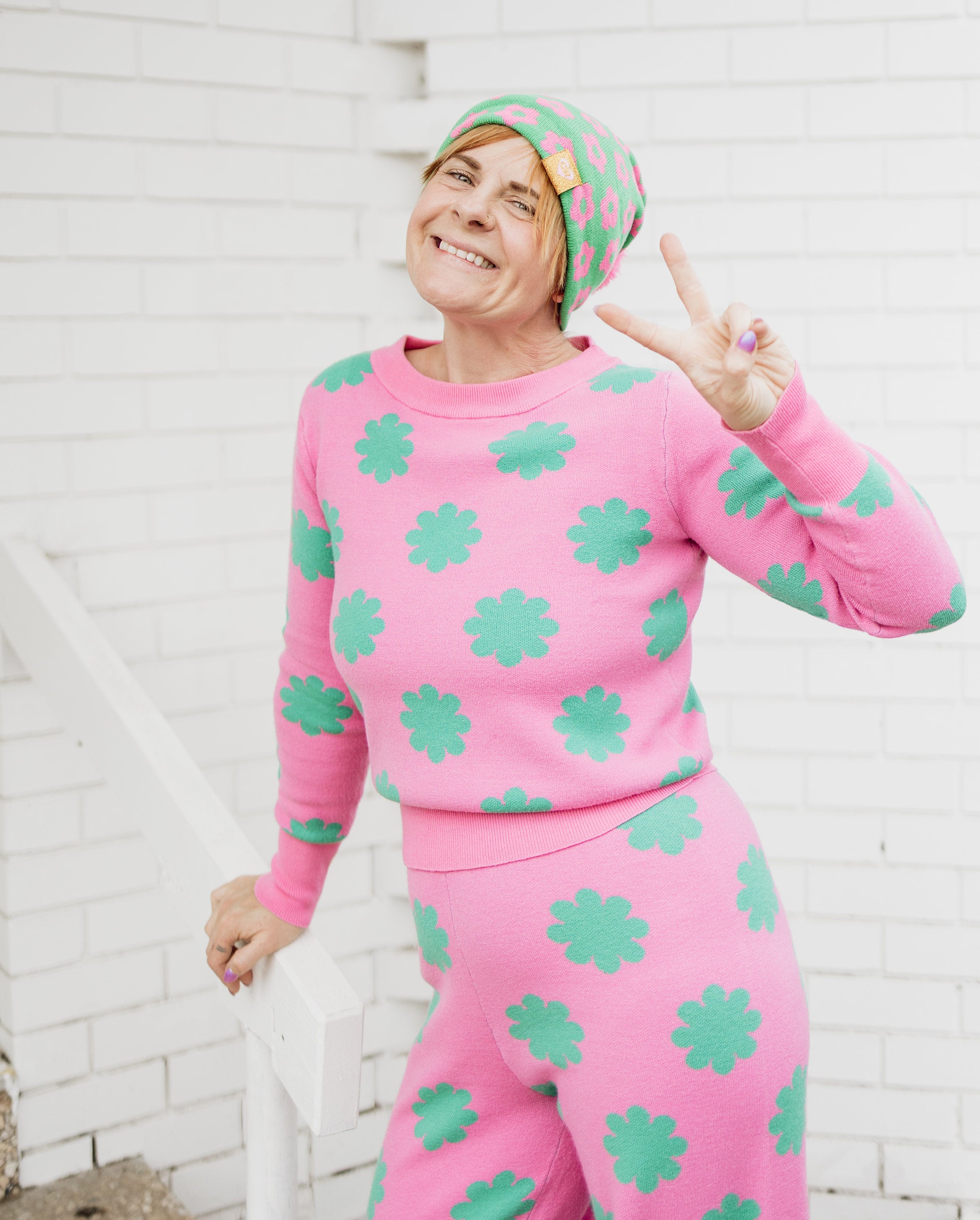 Pink & Green Flower Knit Set