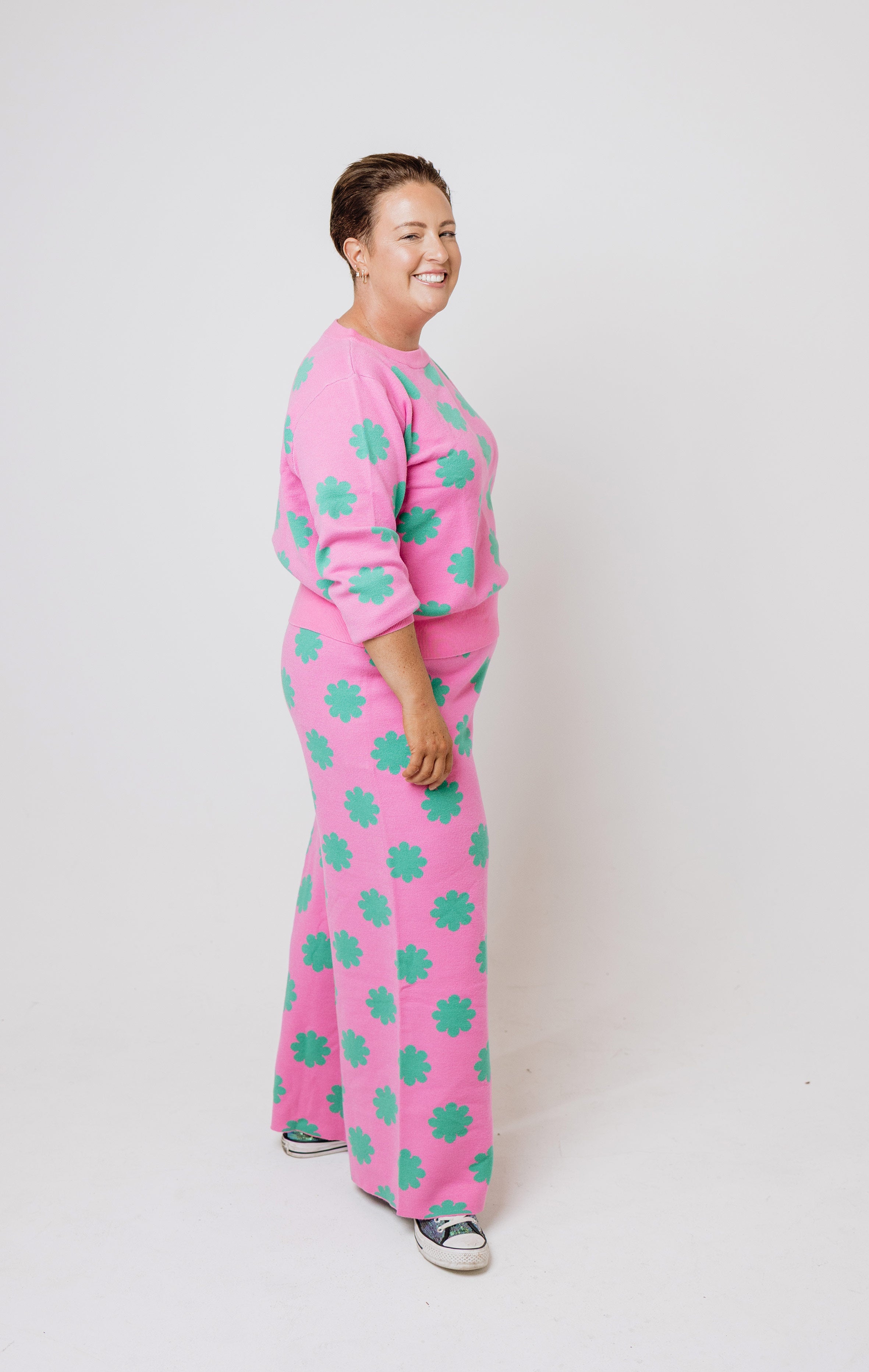 Pink & Green Flower Knit Set