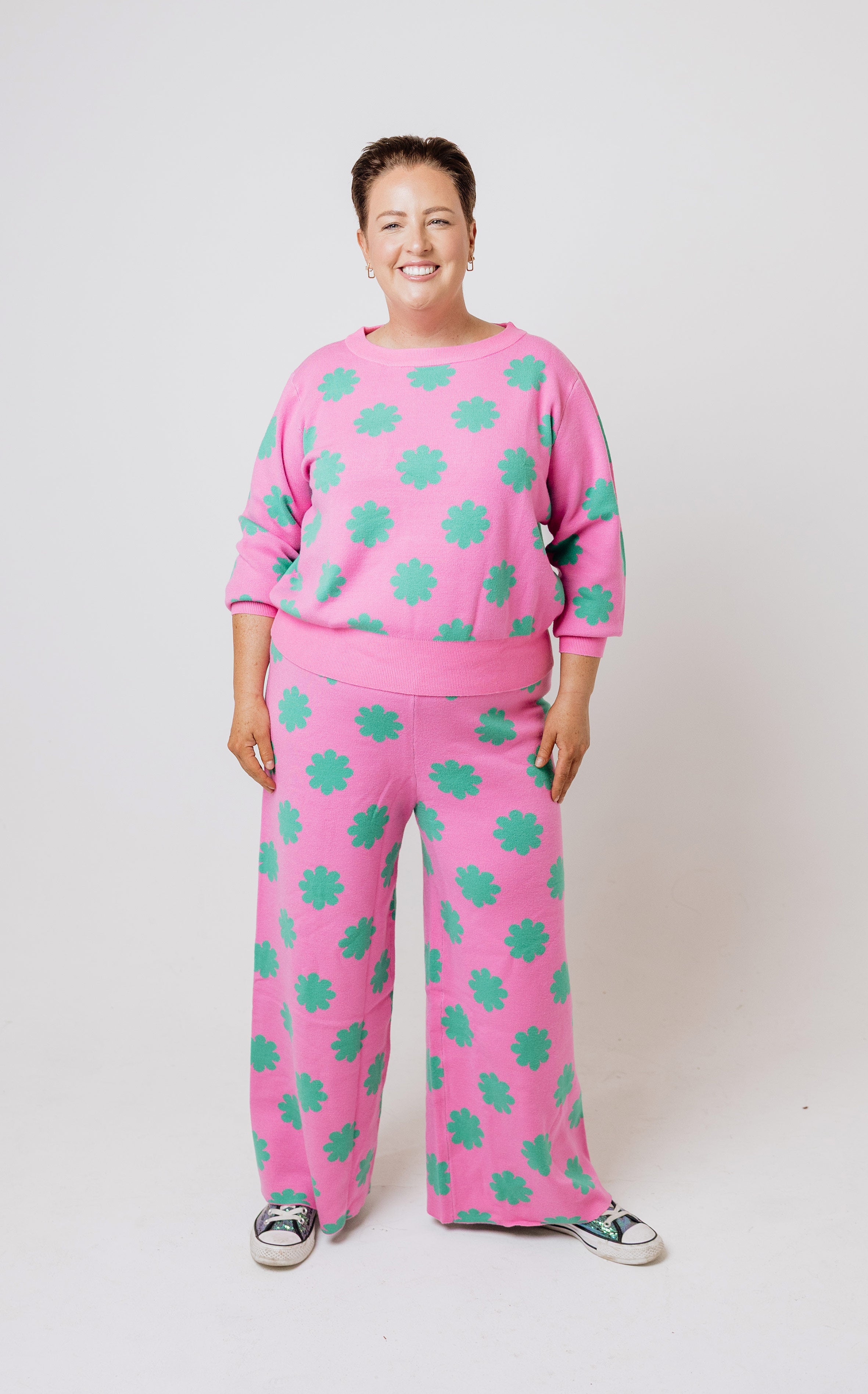 Pink & Green Flower Knit Set