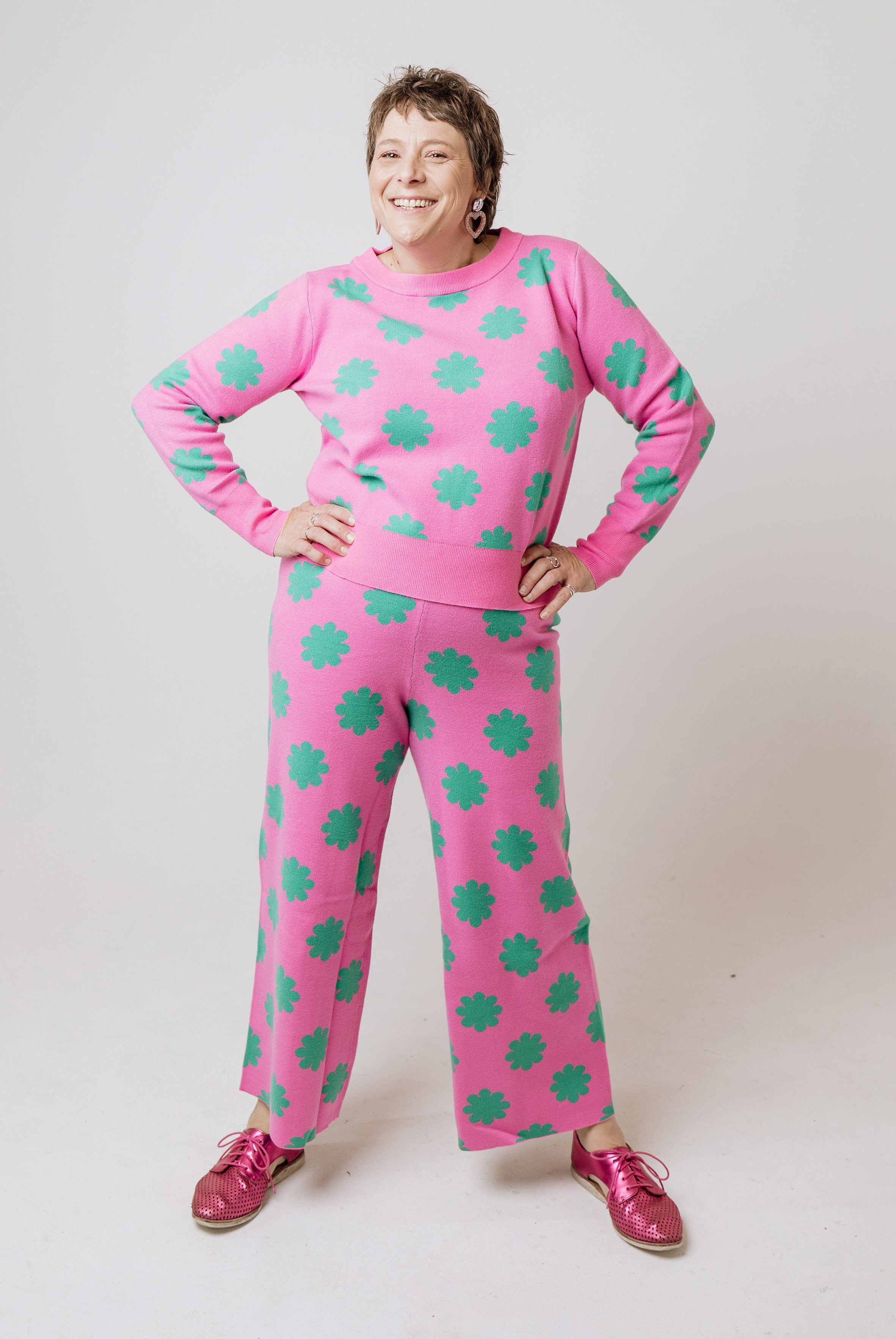 Pink & Green Flower Knit Set