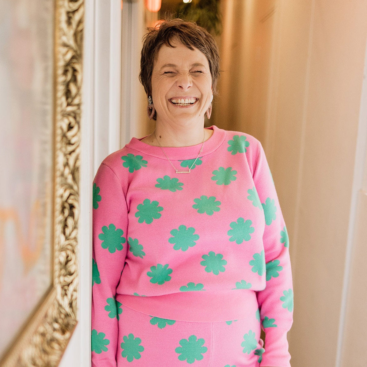 Pink & Green Flower Knit Top - ONLY