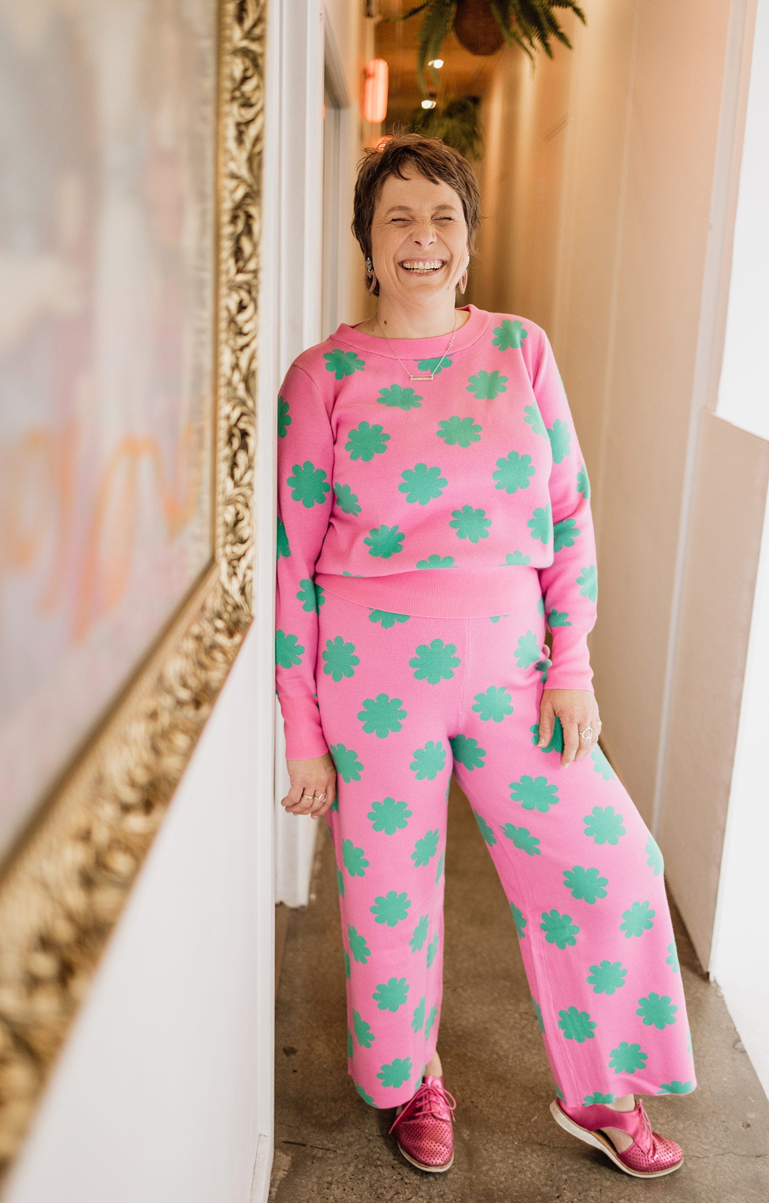 Pink & Green Flower Knit Set