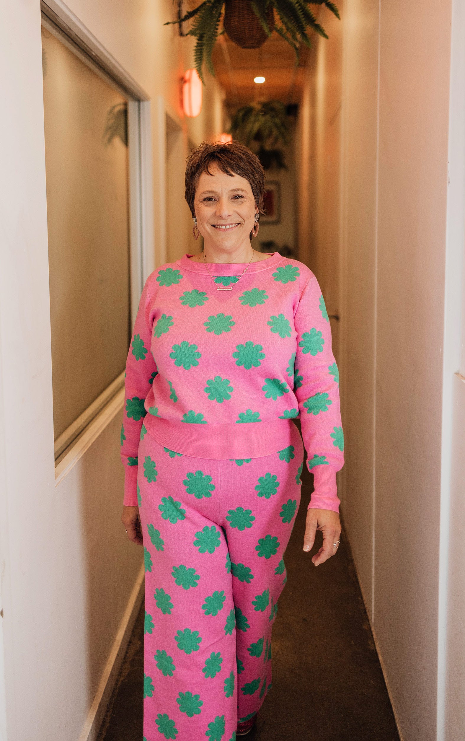 Pink & Green Flower Knit Set