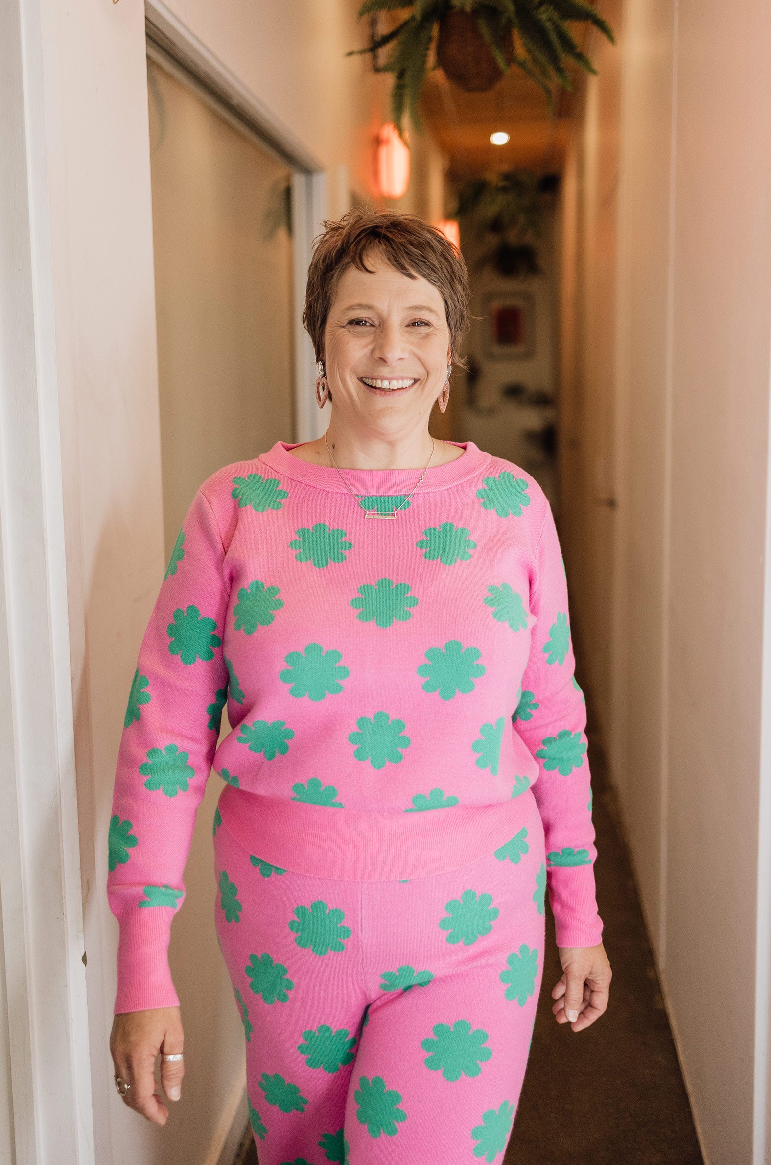 Pink & Green Flower Knit Set