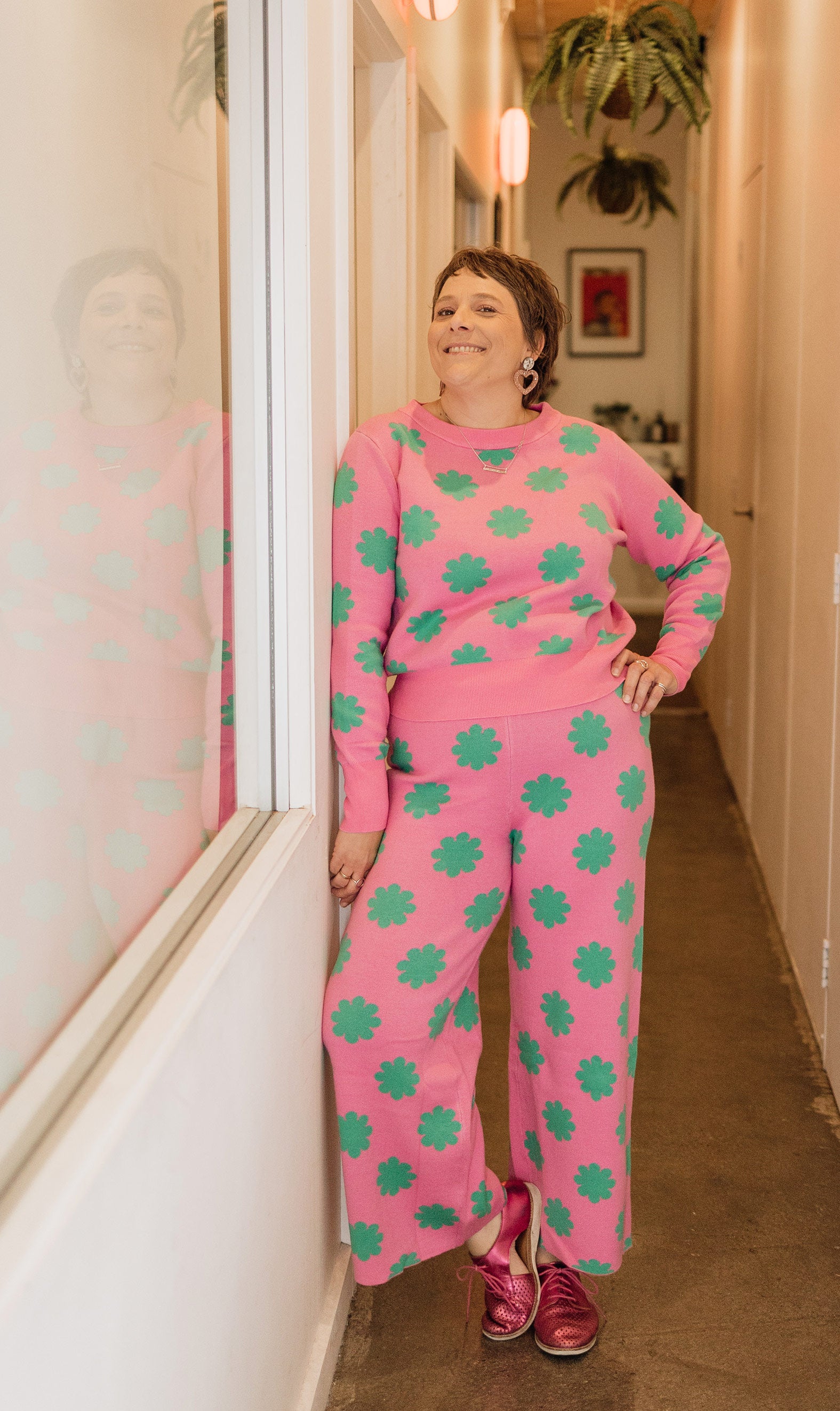 Pink & Green Flower Knit Set