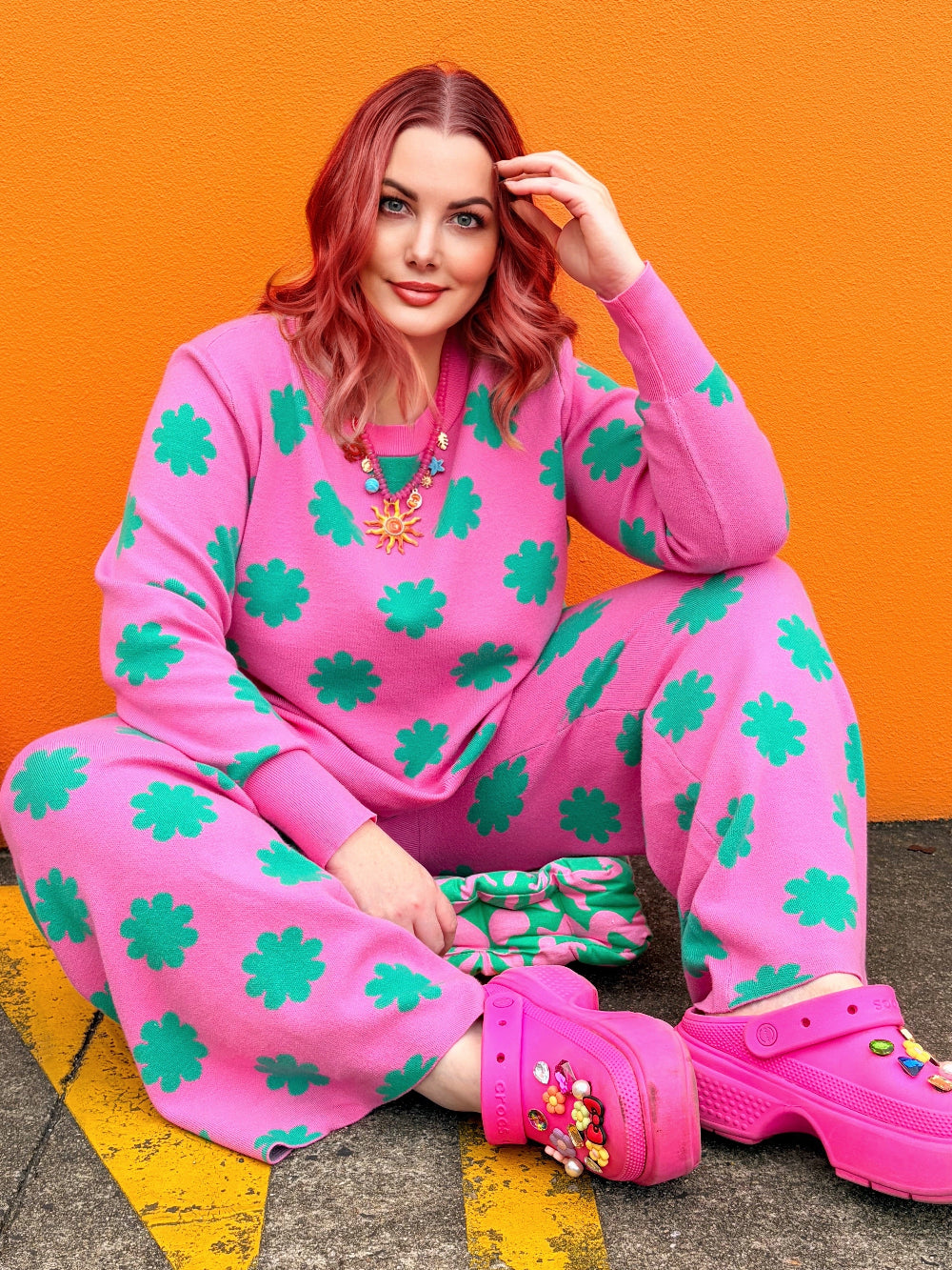 Pink & Green Flower Knit Set