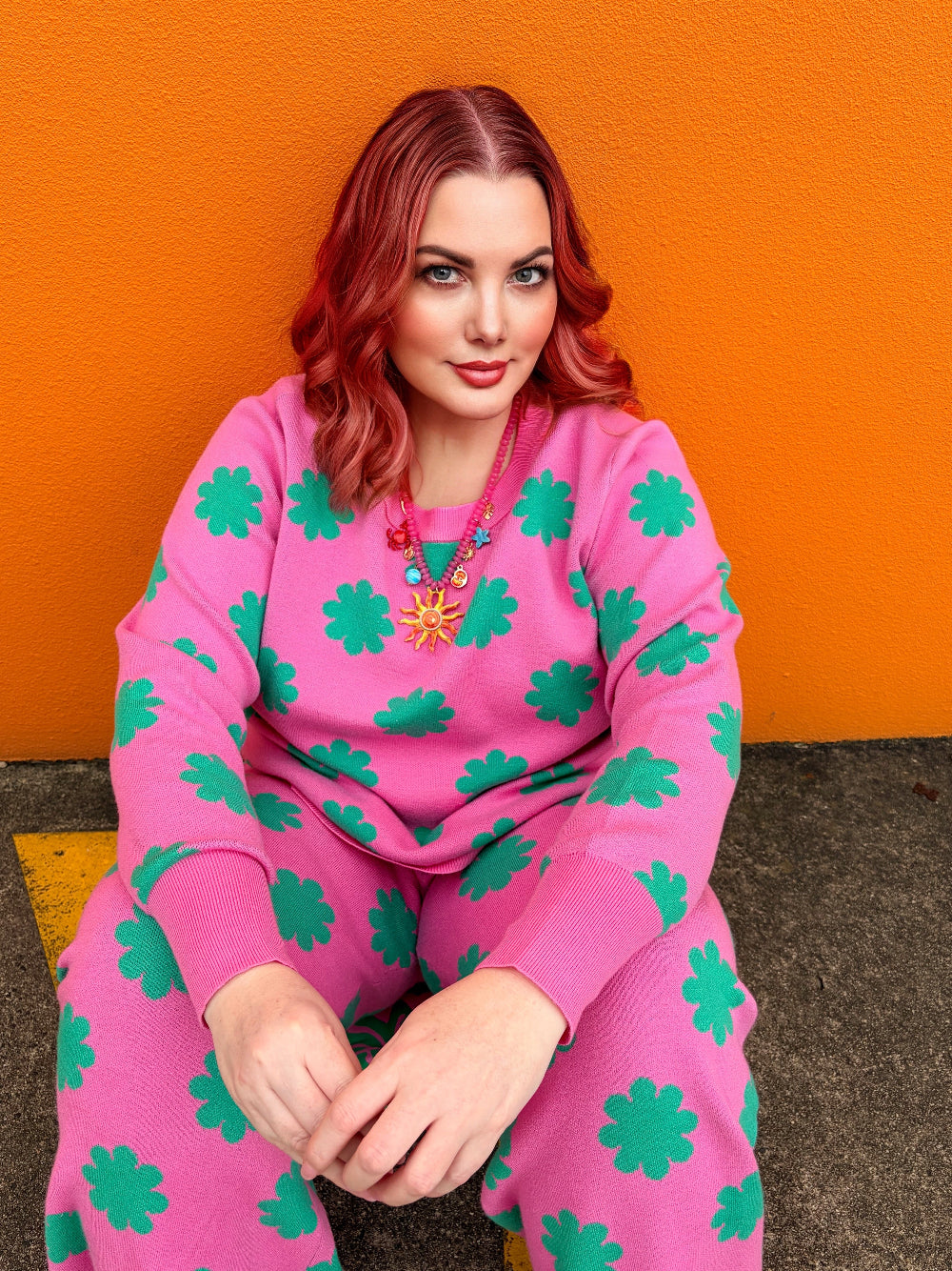 Pink & Green Flower Knit Set