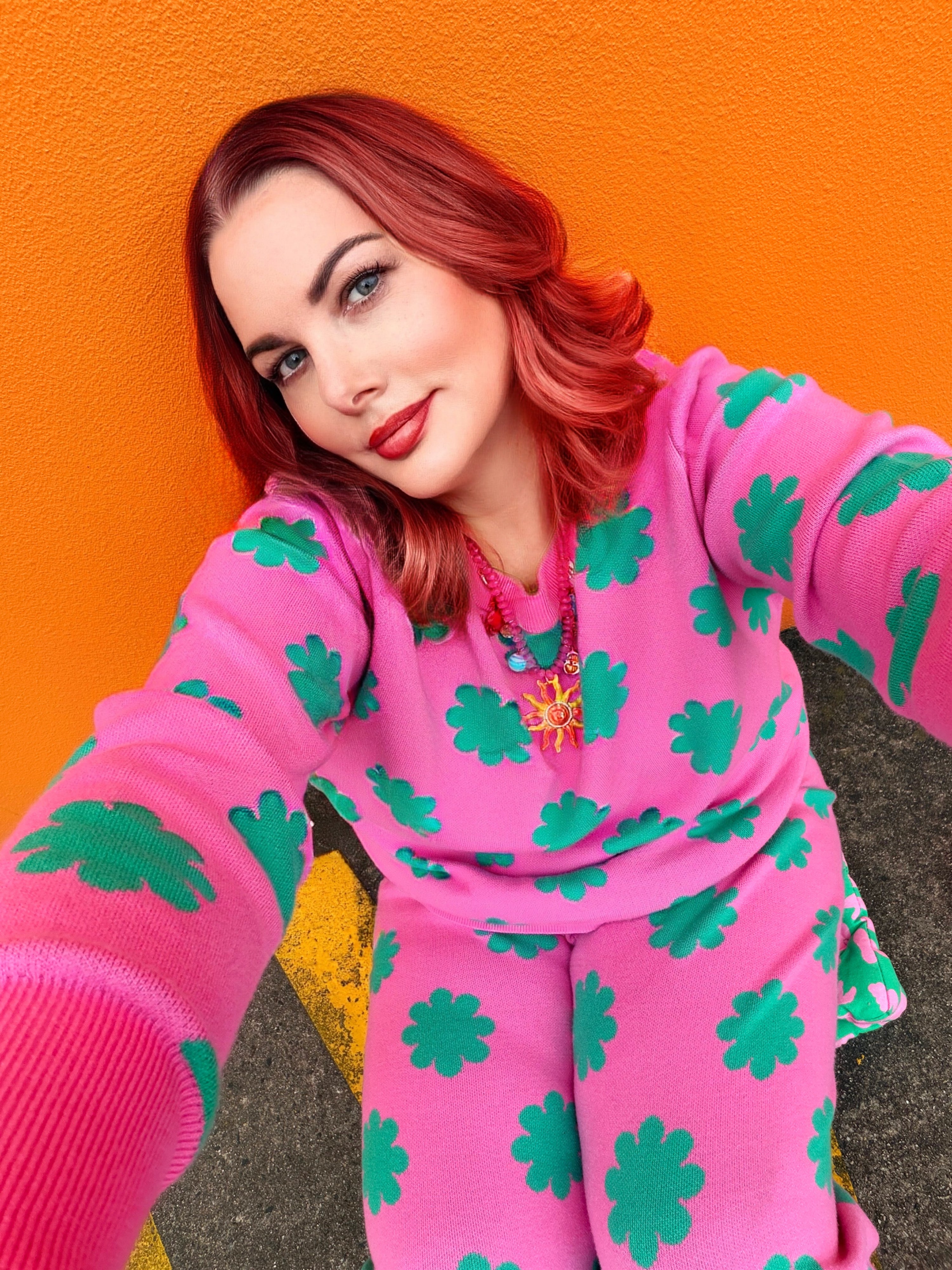 Pink & Green Flower Knit Set